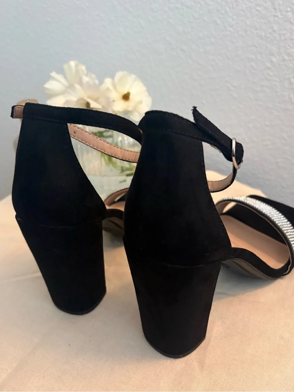 A New Day Shannon Heels Black Rhinestone Ankle Strap Like New